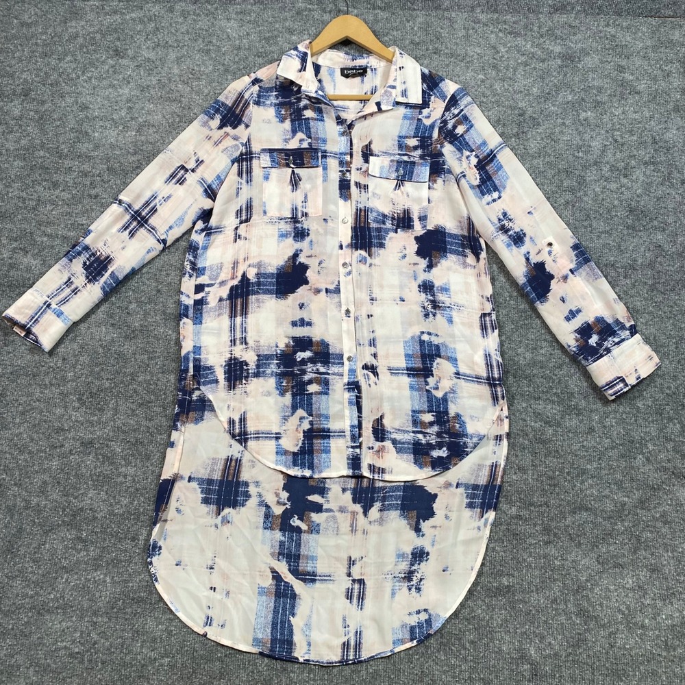 Bebe Womens Blue White Abstract Plaid High Low Tunic Button Down Shirt Small